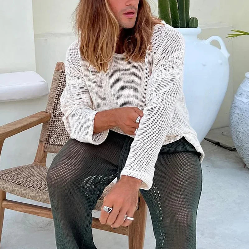 Sexy See Through Mesh T-shirts Men Casual O Neck Long Sleeve Hollow Out Tops Mens Vintage Solid Color Breathable Mesh T Shirt