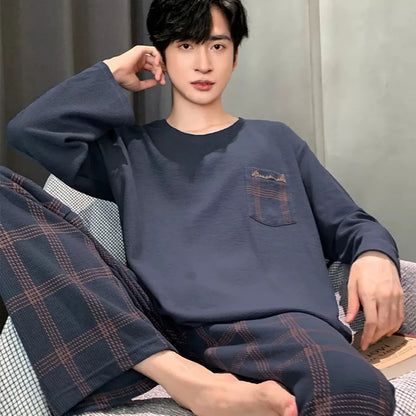 saferido Long Sleeve Pajamas Men's Spring New Cotton Plus Size Boys and Teenagers Can Wear Loungewear Outside