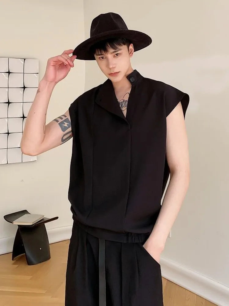 Men Clothing Spring Summer Stand Collar Design Sleeveless Short Vests Pullover Vest Shirt Fashion Tops For Male