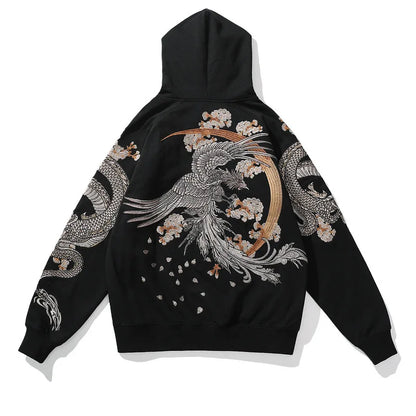 Men Streetwear Fleece Hoodie Sweatshirt Embroidery Flower Chinese Kanji Pullover Winter Harajuku Cotton Hooded Hoodie