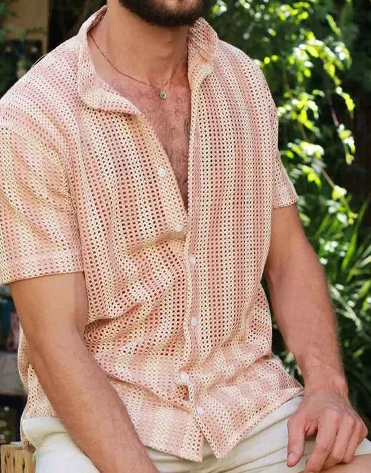 Casual Well Fitting Men's Mesh Striped Slightly Breathable Blouse Vacation Leisure Style Male Short-sleeved Shirts S-5XL