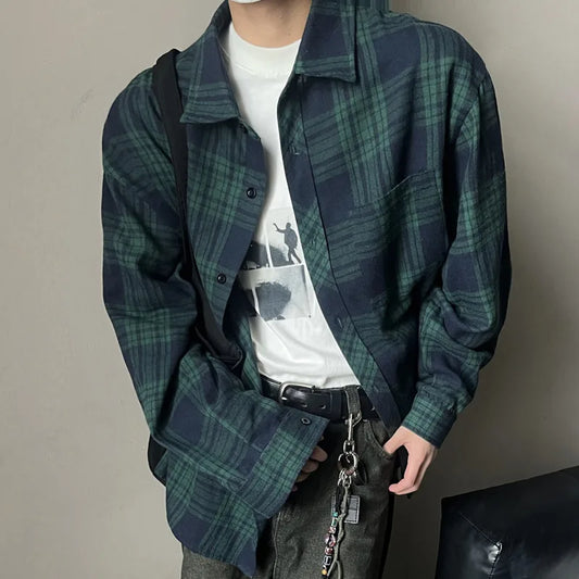 saferido Autumn Long Sleeved Shirt Men Fashion Retro Casual Shirt Men Streetwear Korean Loose Plaid Shirt Mens Vintage Shirts Large Size