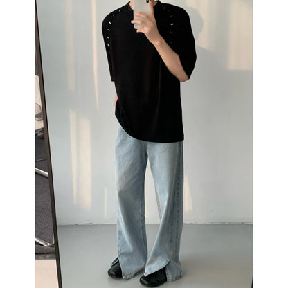 Korean Style Heavy Shoulder Pad Short Sleeve T Shirt Men Metal Niche Design Loose Casual Harajuku Solid Color Bottoming Shirt