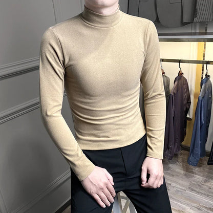 saferido Casual Men High Quality Spring and Autumn Solid Color Half A Turtleneck Long Sleeve Slim Base Shirt Men's Double-Faced Pile