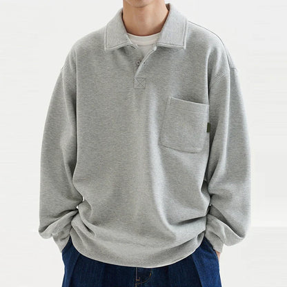 Autumn Clothing Men's Leisure Cotton Long Sleeve Polo Shirt Light Luxury Solid Color Texture Lapel Loose Leisure T-Shirt M-3XL