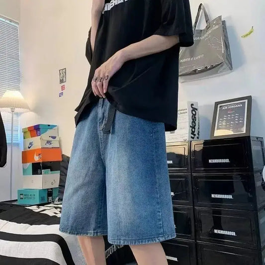 saferido Mens Y2k Casual Sports Denim Shorts 2024 Spring Summer New Genderless Streetwear Simple Solid Color Loose Jeans with Belt Unisex