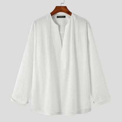 Fashion Men Shirt Solid Color Loose V Neck Long Sleeve Men Clothing Streetwear Korean Style Casual Shirts Men S-5XL