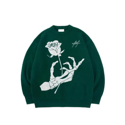 saferido Sweater Rose Skeleton Sweater Men's Autumn and Winter American Vintage Jacquard Loose and Lazy Couple Knitwear Men's and Women's