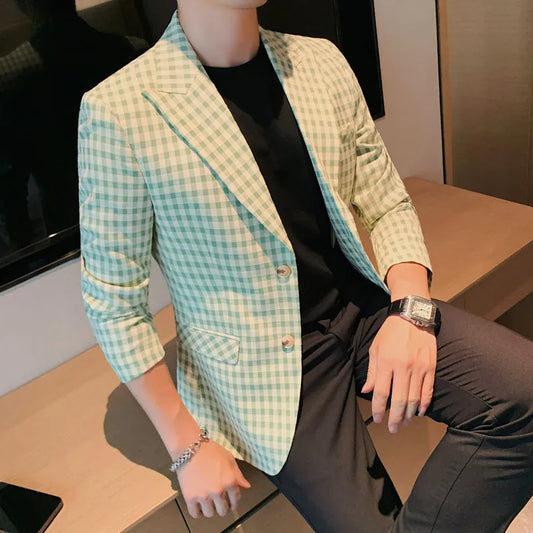 saferido Male Casual Plaid Blazers New Design Korean Version Slim-Fit Trend Business Coat High Quality Selling Fashion Suit Men 4XL