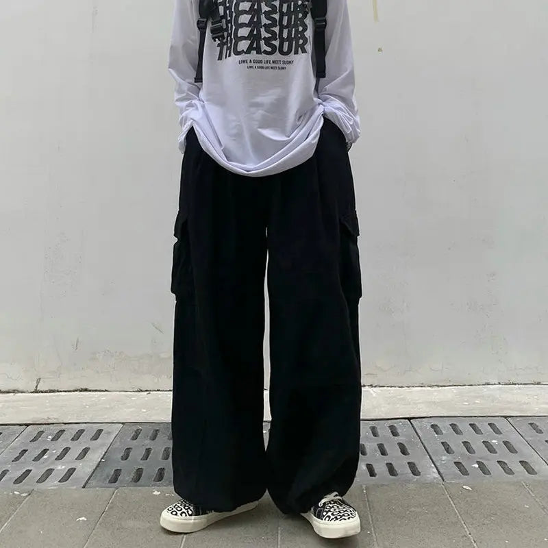 saferido Spring Casual Oversize Cargo Pants Men Streetwear Solid Harajuku Loose Straight Trousers Wide-leg Baggy Pants For Man