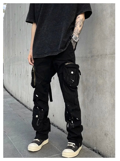 saferido Street Strap Speckled Ink Pocket Stereoscopic Cut Micro Horn Workwear Pants Hip Hop High Street Punk y2k streetwear Stacked Casual Pants