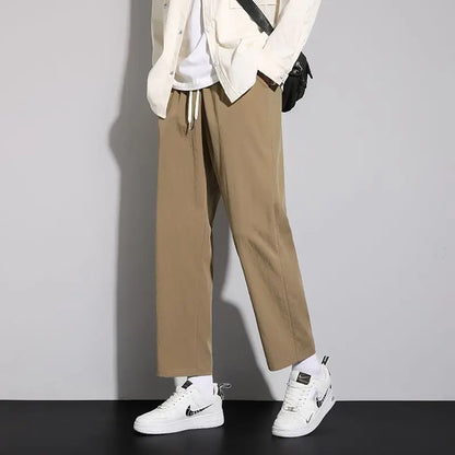 saferido Summer New Korean Trendy Loose Versatile Casual Straight Pants Men Solid Elastic Waist Drawstring Pocket Thin Wide Leg Trousers
