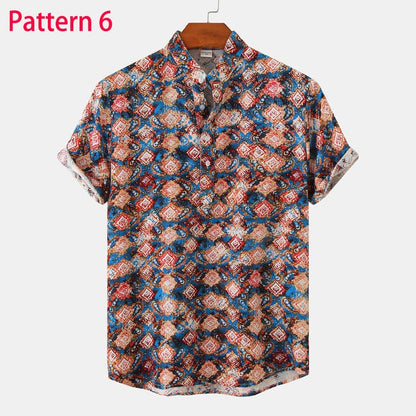 Summer New Short Sleeve Floral Hawaiian Shirt Men Half Placket Collar Beach Shirt Men Casual Holiday Vacation Clothing 3XL