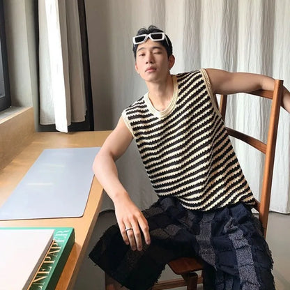 saferido Knitted Sweaters for Men Mesh Vest Sleeveless Man Clothes Black Striped Waistcoat Spring Autumn Designer Luxury 90s Vintage Y2k