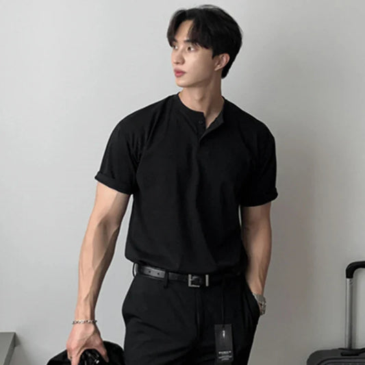 Men's Luxury Henry Collar T-Shirt Vintage Casual Button Down Solid Color Short Sleeve Tees for Men Breathable Premium Clothing