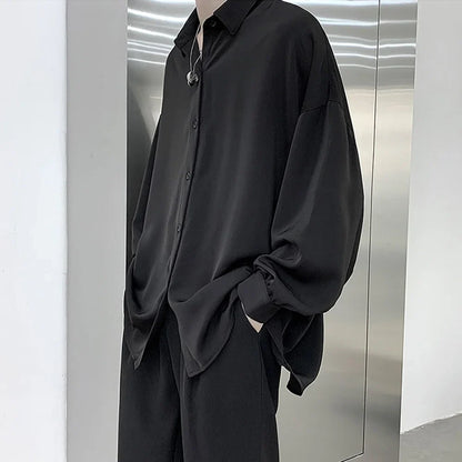 Free Black Tie Long-sleeved Shirts Men Korean Comfortable Blouses Casual Loose Single Breasted Shirt Mens Tshirt Harajuku