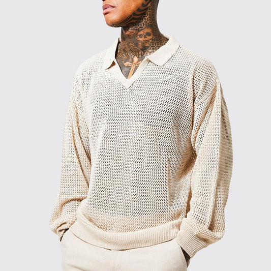 Fashion Solid Hollow Knitted Polo Shirts Men Autumn Casual Turn-down Collar Long Sleeve Pullovers For Mens Streetwear Tops