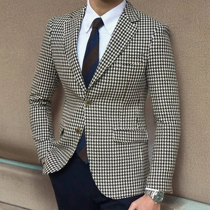 Houndstooth Plaid Blazer for Men One Piece Suit Jacket with 2 Side Slit Slim Fit Casual Male Coat Fashion Clothes
