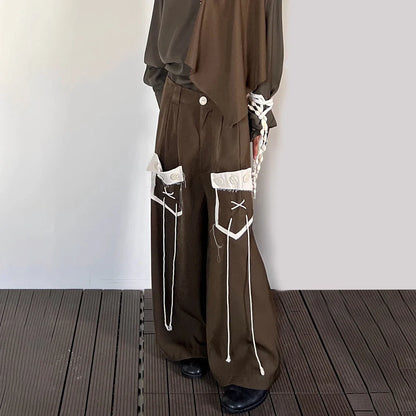 saferido Mens Japanese Loose Lazy Style Culottes Retro Tassel Drape Contrasting Color Splicing Casual Comfortable Simple Trousers For Men