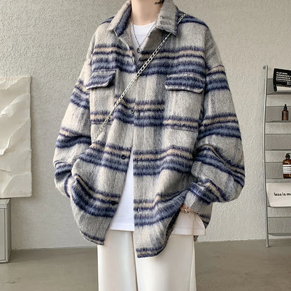 saferido Plaid Woolen Coat Men Warm Fashion Retro Thicken Woolen Jacket Men Streetwear Korean Loose Short Woolen Coat Mens Thick Jackets