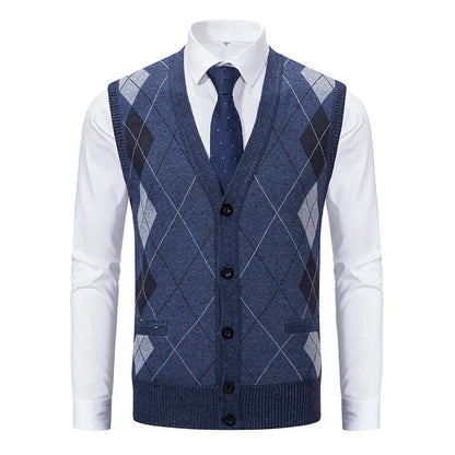 Spring Autumn Male Vest Sleeveless Sweater Fleece Warm  Knitted Jackets Checkered Business Casual Button Up Coat Men's Clothing