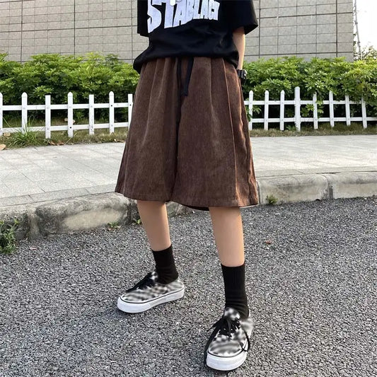 saferido Brown Corduroy Shorts Oversized Baggy Five Point Trousers Summer Korean Fashion Wide Leg  Ins Hip Hop Bottoms Men