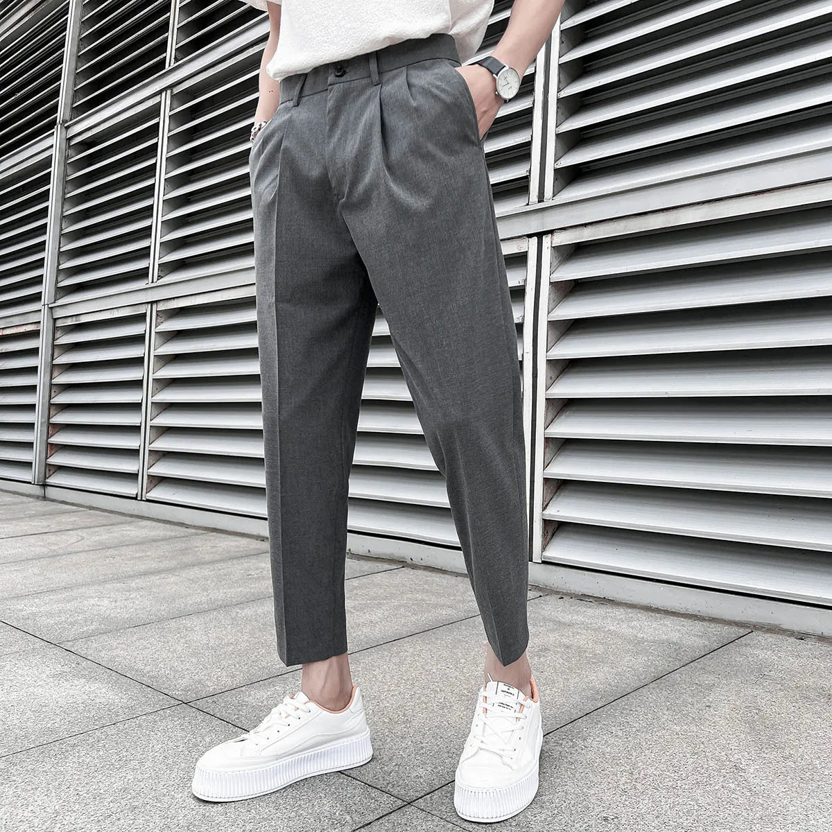saferido Korean Business Solid Color Stretch Trousers Casual Pants Black Grey Mens Pants Office Trousers Men Tight-ankle Hombre 36