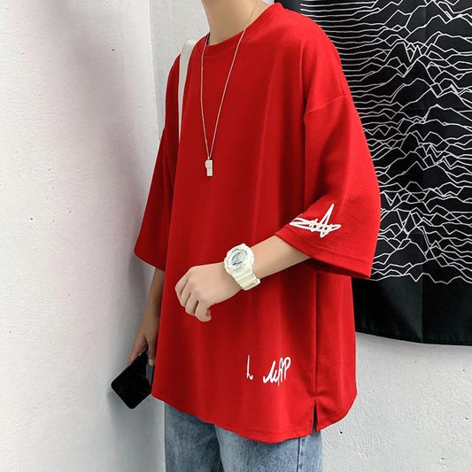 Fashion Solid Color Printed Asymmetrical T-Shirt Men Clothing  Spring New Oversized Casual Pullovers Loose Korean Tee Shirt