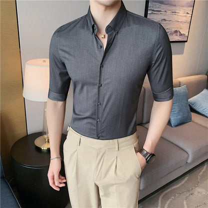 saferido British Style Men Social Shirts Short Sleeve Tuxedo Classic Contrast Collar Striped Solid Shirt for Men Business S-5XL