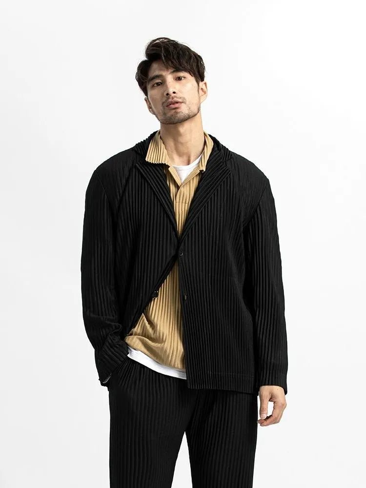 Miyake Blazer Men Pleated Black Suits For Men Stretch Fabric Slim Fit Coat High Quality Casual Japanese Style Blazers
