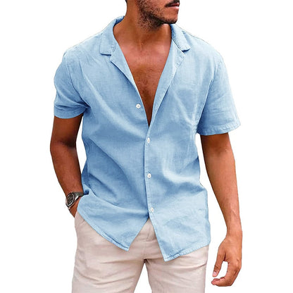 Summer New Men's Casual Solid Color Blouse Cotton Linen Short Sleeve Shirt Loose Cardigan Tops Comfy Breathable Beach Male Shirt