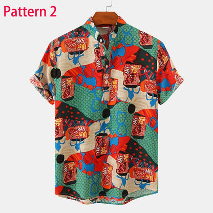 Summer New Short Sleeve Floral Hawaiian Shirt Men Half Placket Collar Beach Shirt Men Casual Holiday Vacation Clothing 3XL