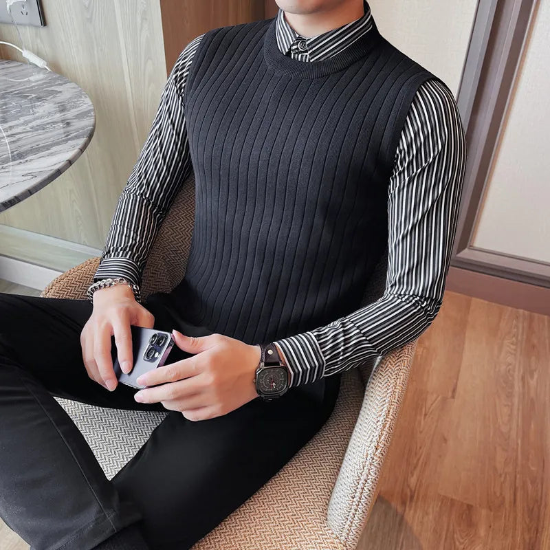 saferido New Style Men Spring High Quality Fake 2 Pieces Knitted Sweaters/Male Slim Fit Fashion Shirt Collar Pullover Man Casual Sweater