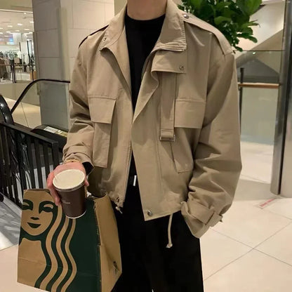 saferido Men's Jackets Coat Korean Style Loose Fashion Turn-down Collar Retro Cargo Solid Pockets Temperament  Winter Jacket Male Coat