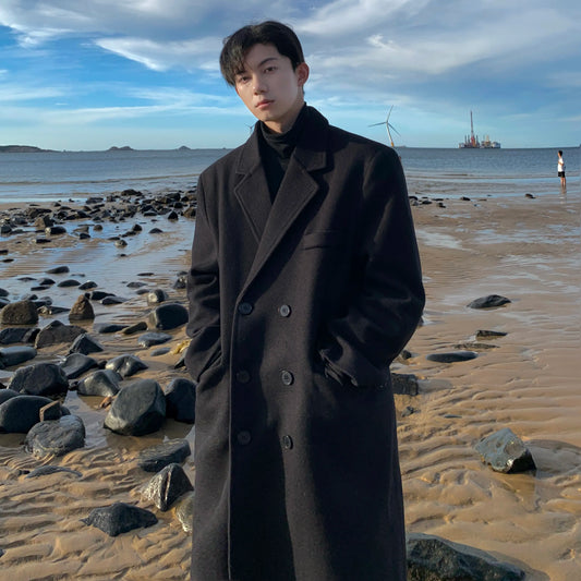saferido Winter Long Trenchcoat Men Korean-style Solid Double Breasted Woolen Coat Loose Casual Trench Outwear Solid Color Overcoats
