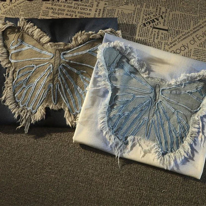 saferido American Vintage T Shirt High Street Patch Butterfly Short Sleeve O-neck T-shirt Men Women Oversize High Street Tops