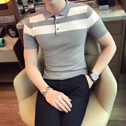 saferido  Social Knitting Slim Polo British Style Stripes POLO Shirt Men Summer Short Sleeve Men's POLO Slim Fit Casual Polo Homme