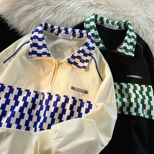 saferido Checkered Golf Shirts Men's Polo Tees Oversized Long Sleeve T-Shirt Men Waffle Shirt Plaid Korean Streetwear Vintage