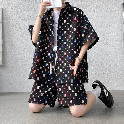 saferido Summer Plaid Sets Men Fashion Oversized Short Sleeved Shirt/Shorts Two-piece Men Streetwear Loose Hollow Out Set Mens Short Sets