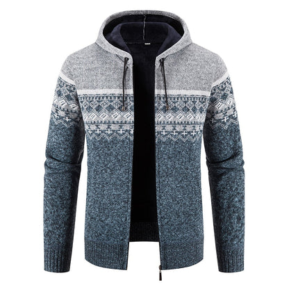 New Winter Fleece Men Sweater Cardigan Hooded Knitted Print Sweatercoat Mens Casual Warm Cardigan Zipper Hooded Cardigan Men