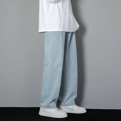 saferido New Korean Men's Casual Long Jeans Classic Man Straight Denim Wide-leg Pants Solid Color Light Blue Grey Black 3XL