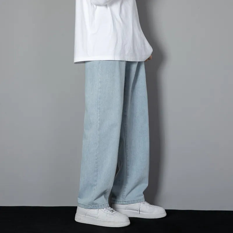 saferido New Korean Men's Casual Long Jeans Classic Man Straight Denim Wide-leg Pants Solid Color Light Blue Grey Black 3XL