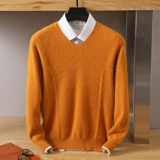 Men's 100% Pure Mink Cashmere Sweater V-Neck Pullovers Knit Sweater Autumn and Winter New Long Sleeve High-End Jumpers Mink Tops