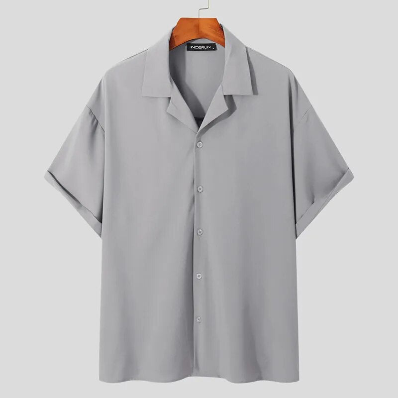 Men Casual Shirt Lapel Short Sleeve Button Streetwear Summer Men Clothing Solid Color Korean Fashion Shirts S-5XL
