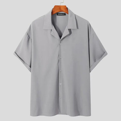 Men Casual Shirt Lapel Short Sleeve Button Streetwear Summer Men Clothing Solid Color Korean Fashion Shirts S-5XL