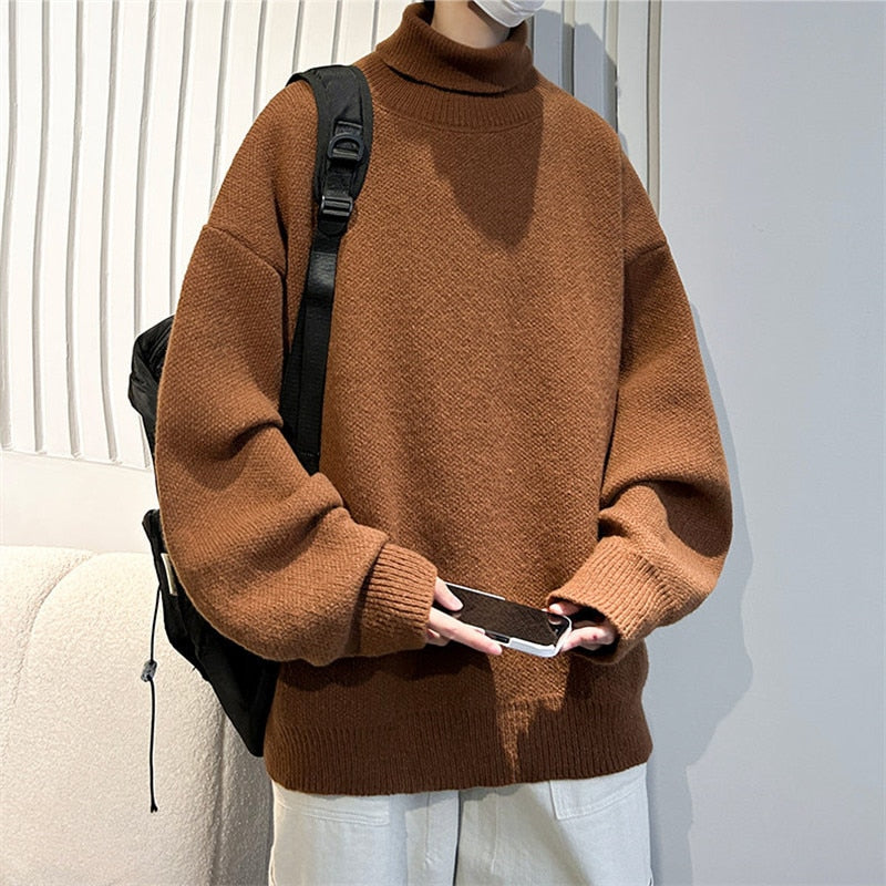 New Korean Style Men Turtleneck Sweaters Fashion Slim Fit Pullover Mens Casual Knitwear Pullovers Male Solid Turtleneck Sweaters