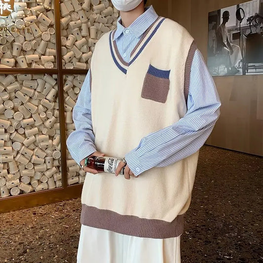 saferido Male Print Contrast Color Vest Sweater Autumn Winter V Neck Men Preppy Style Harajuku Fashion Casual Oversize Knitted V47