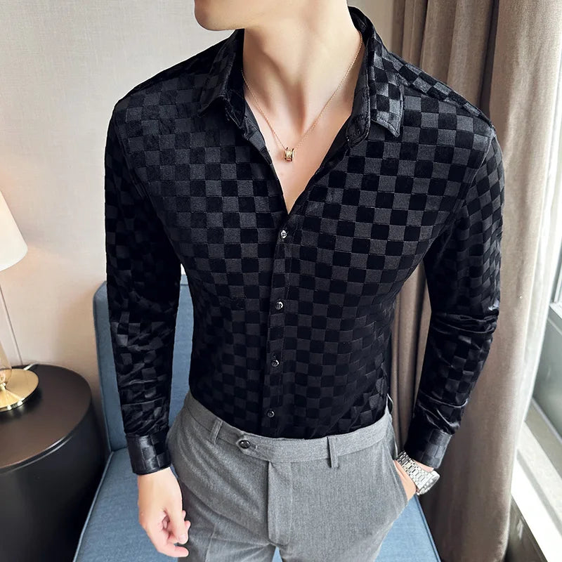saferido Men Clothing Spring High Quality Canary Velvet Long Sleeve Shirts/Male Slim Fit Plaid Luxury Office Dress Shirts Plus Size 4XL-M