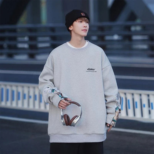 saferido Sweatshirt for Men Long Sleeve Pullover Autumn Vintage Embroidery Sweatshirt Korean Trend Tops Boyfriend Clothing Padded Thicker
