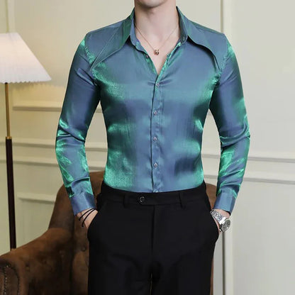 saferido Mens Korean Style Slim Sexy Polarized Pointed Collar Long-Sleeve Shirt Autumn Nightclub Trend No-Iron Anti-Wrinkle Shirt For Men